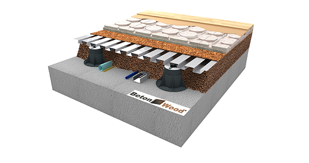 Elevated radiant screed on cork, metal sheet system and expanded clay